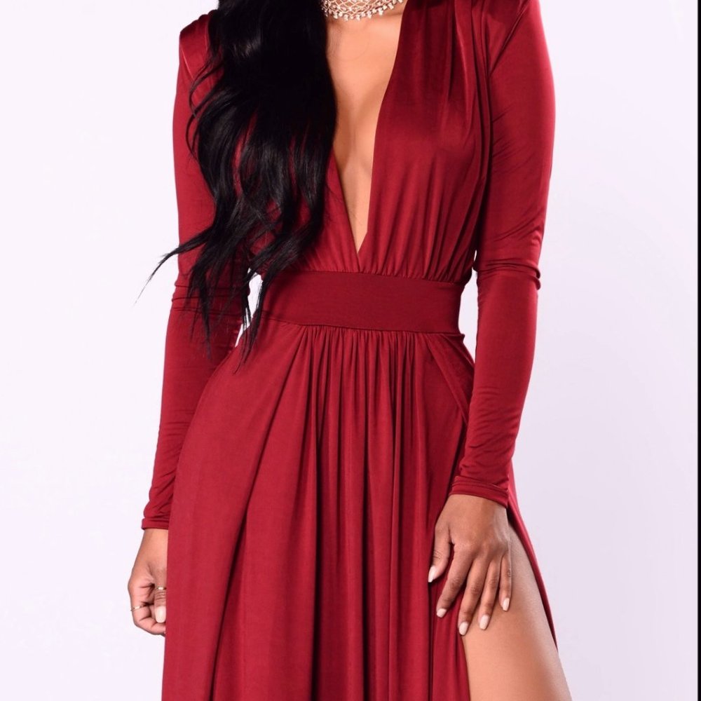 Spree Dress - Burgundy Wine Red Maxi Dress w Shoulder Pads & Thigh High Splits